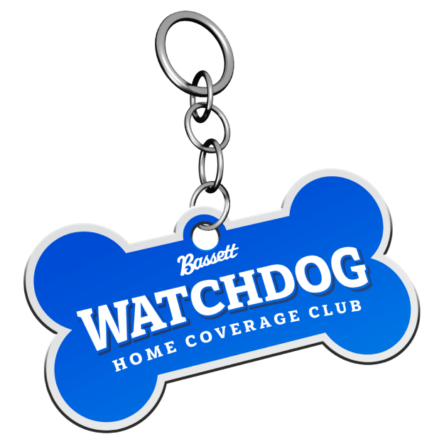 Bassett Watchdog Home Coverage Club tag shaped like a dog bone