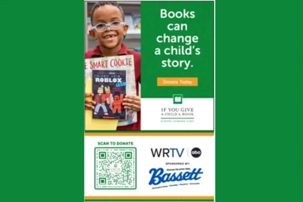 Scan to Donate flyer for WRTV's If You Give a Child a Book campaign, sponsored by Bassett, with the headline Books can change a child's story