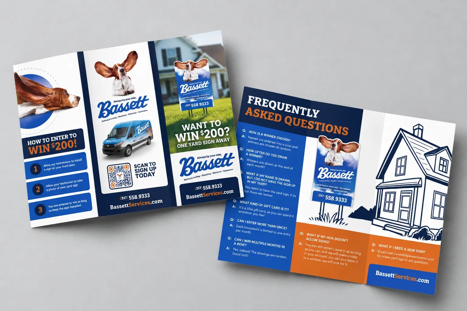 Bassett Services yard sign program brochure with how to enter and frequently asked questions