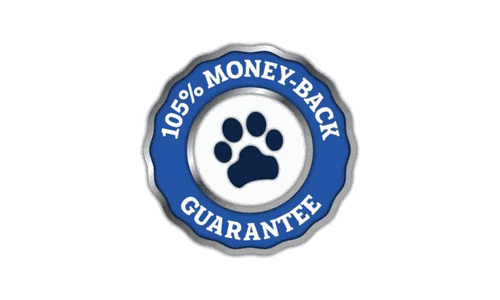 105% Money-Back Guarantee badge with a paw print